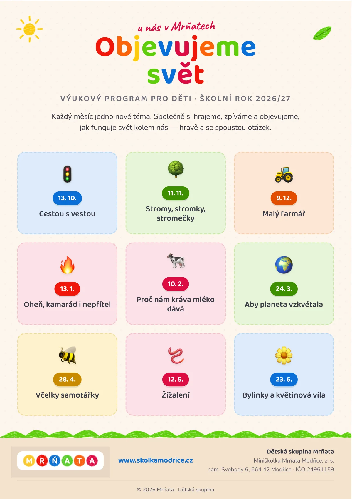 Letáček Objevujeme svět — výukový program pro děti na školní rok 2026/27